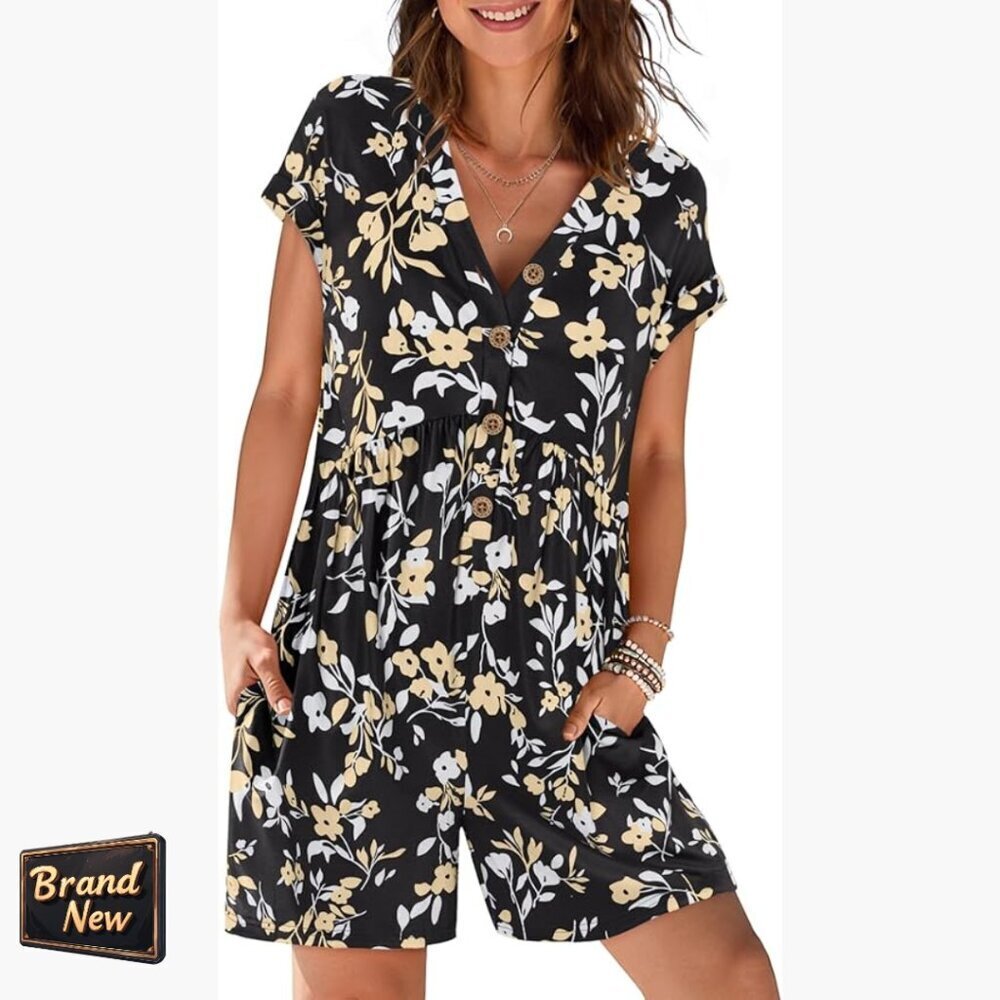 Medium Loose Fit V-Neck Romper with Pockets, Polyester Blend Jumpsuit